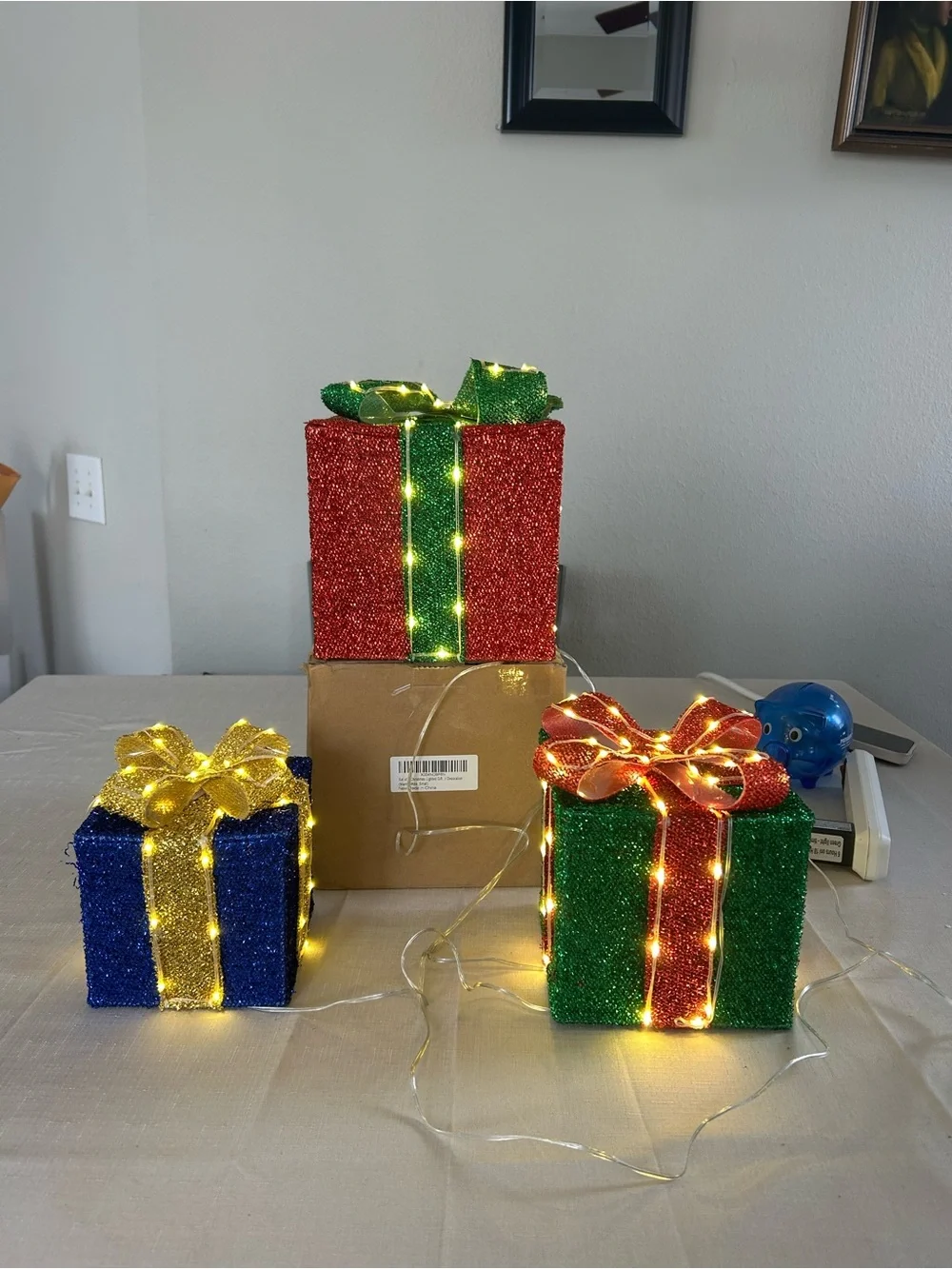 Holiday Glitter Gift Box Set with LED Lights - Red, Green, Blue